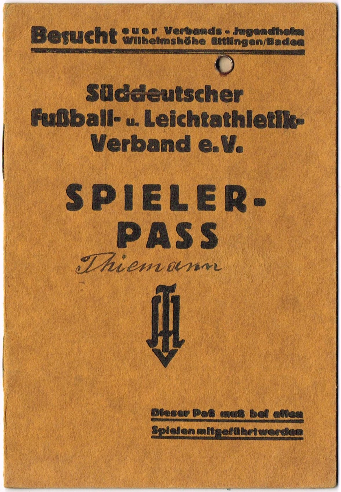Spielerpass 1933 - Walther Thiemann - 5. Mai 1933